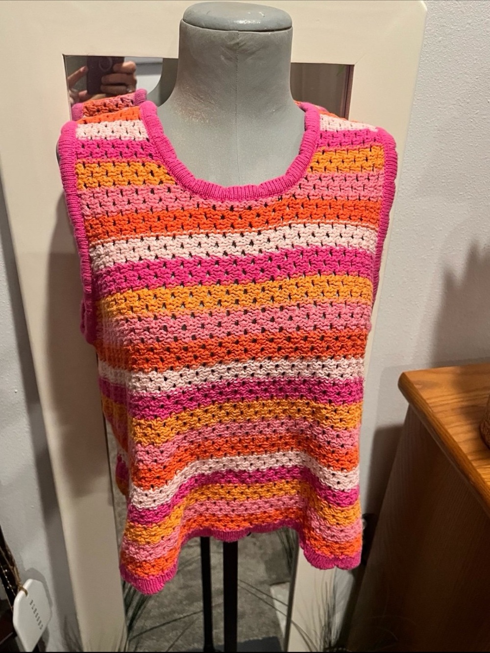 Free Assembly Crochet Cotton Multicolor Pink Stripe Sleeveless Vest Top